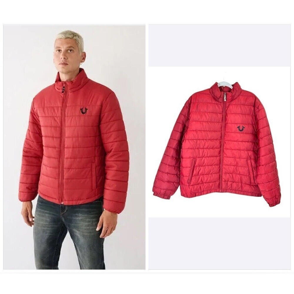 True Religion Puffer Coat Mens Large Red Full Zip Quilted Long Sleeve
